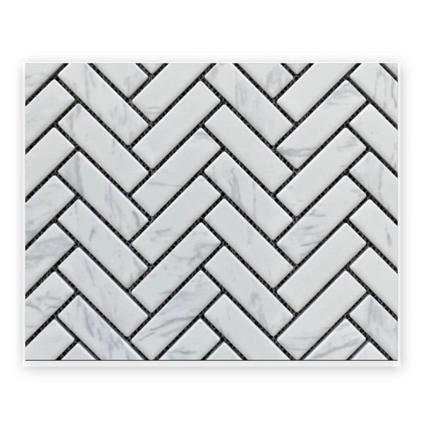Carrara Herringbone Mosaic Tile shown on a white background