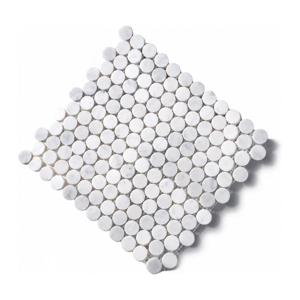 Carrara Round tile sheet shown on a white background