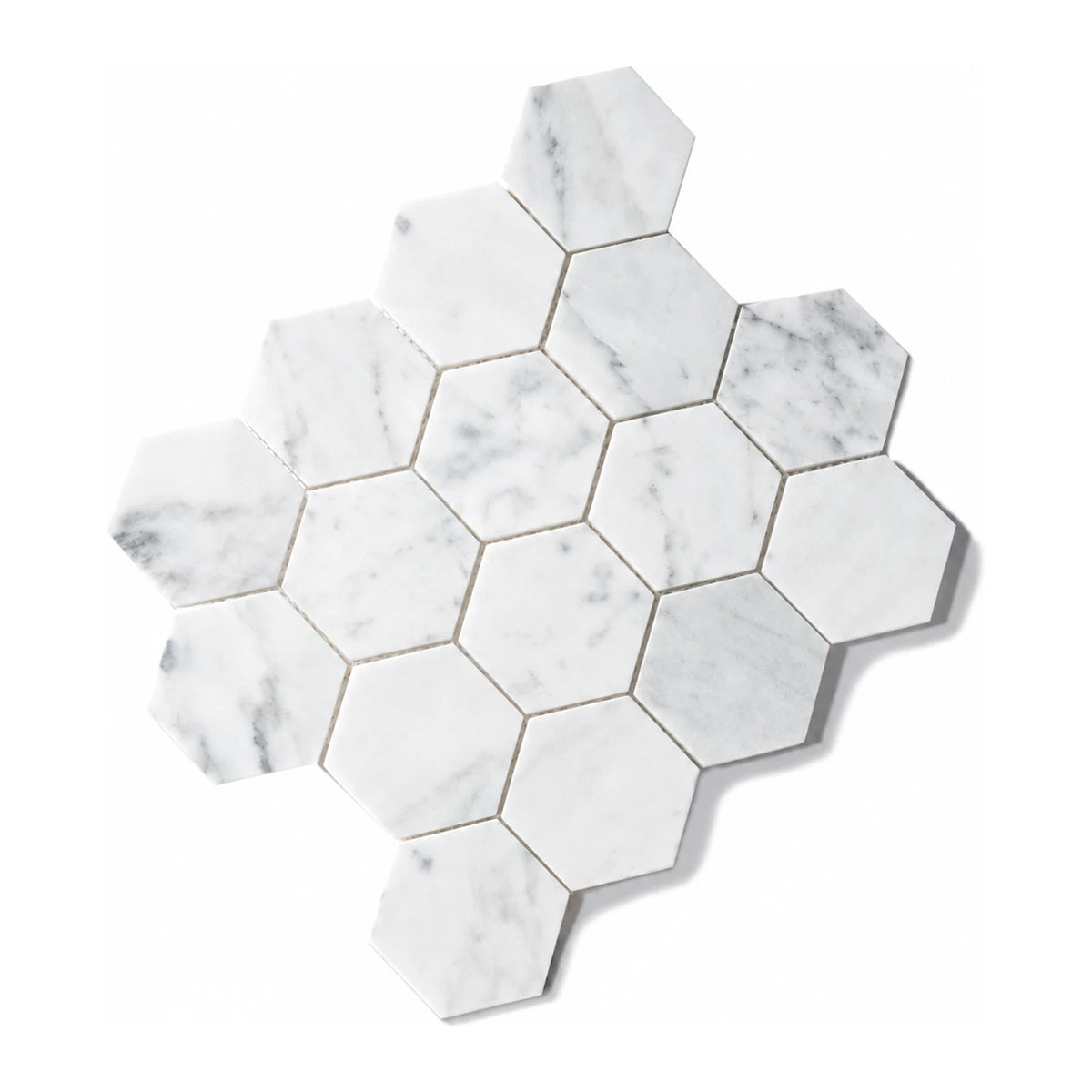 Carrara Large Hexagon tile sheet shown on a white background