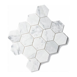 Carrara Large Hexagon tile sheet shown on a white background