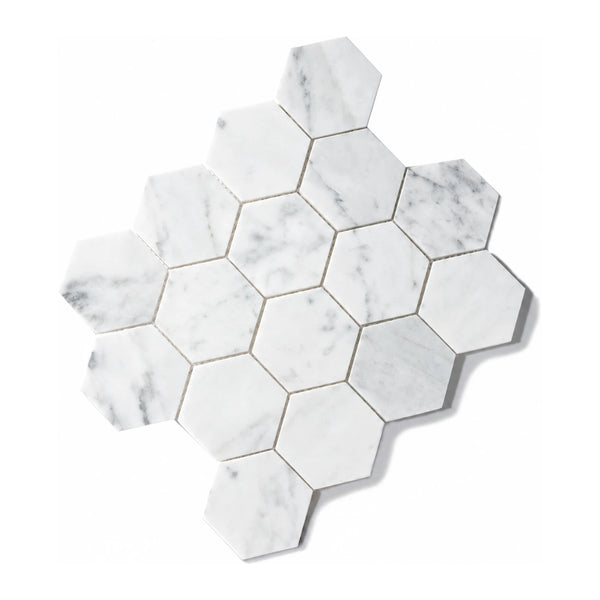 Carrara Large Hexagon tile sheet shown on a white background