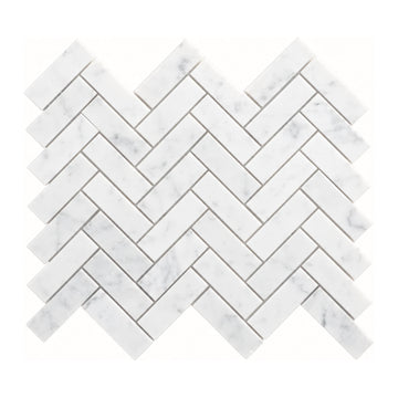 Carrara Petite Herringbone tile sheet shown on a white background