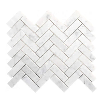 Carrara Petite Herringbone Mosaic Tile shown on a white background