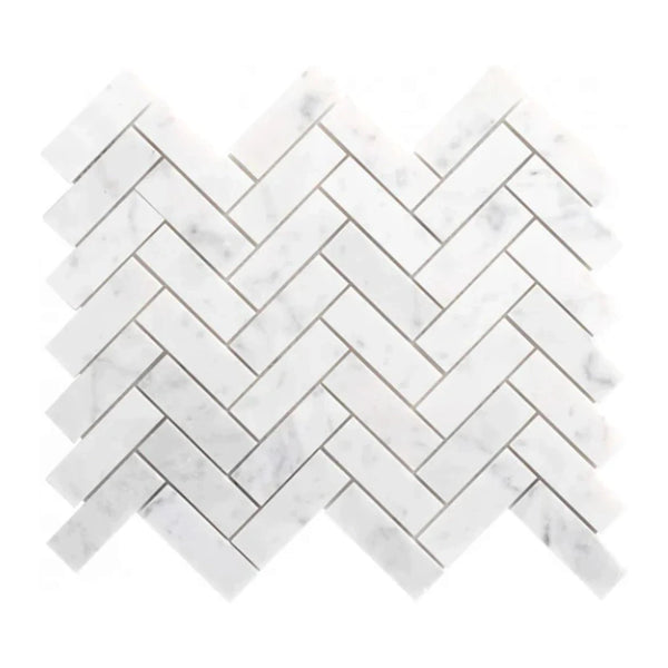 Carrara Petite Herringbone Mosaic Tile shown on a white background