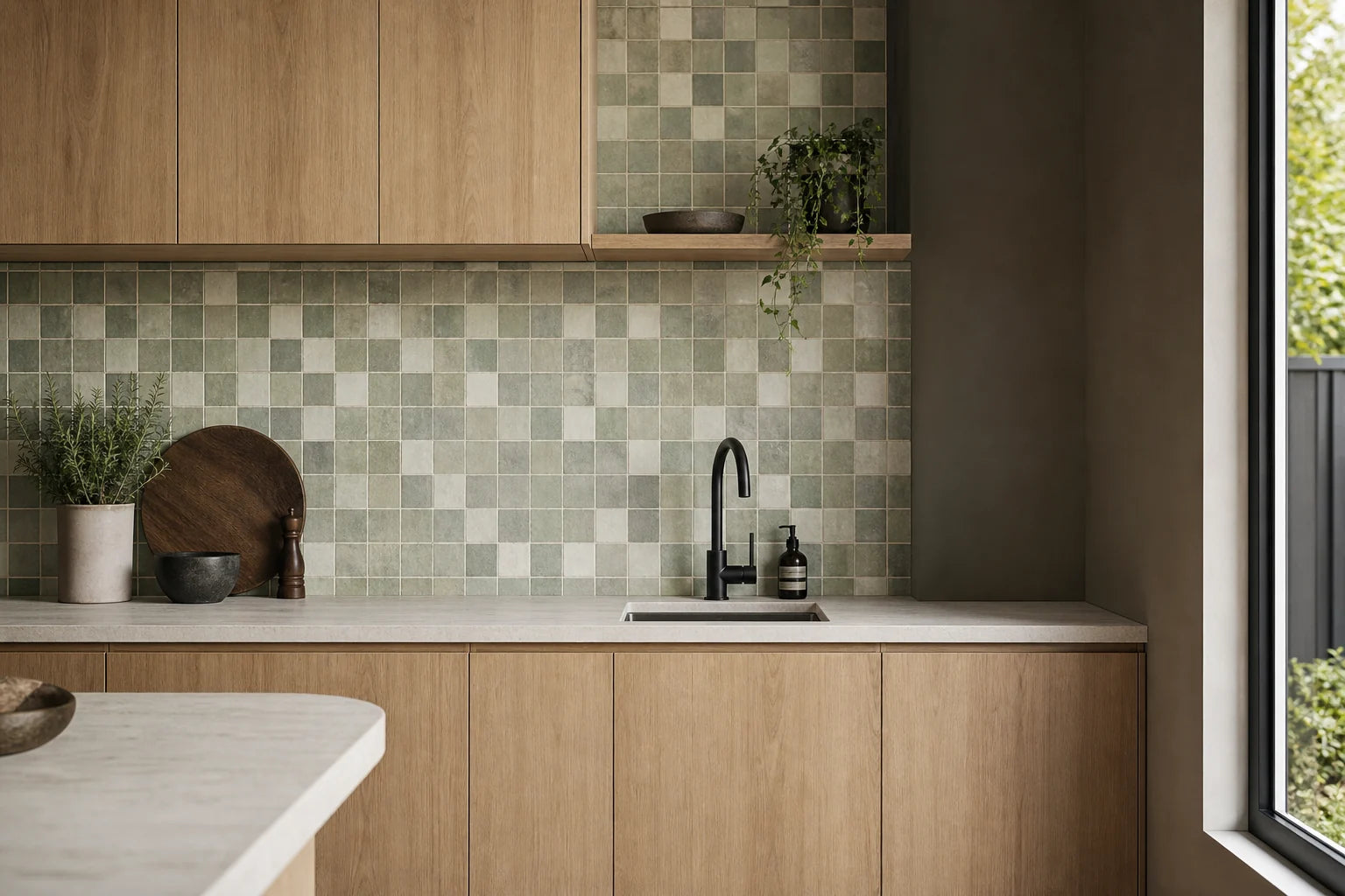 Editorial kitchen scene with a soft sage mosaic splashback