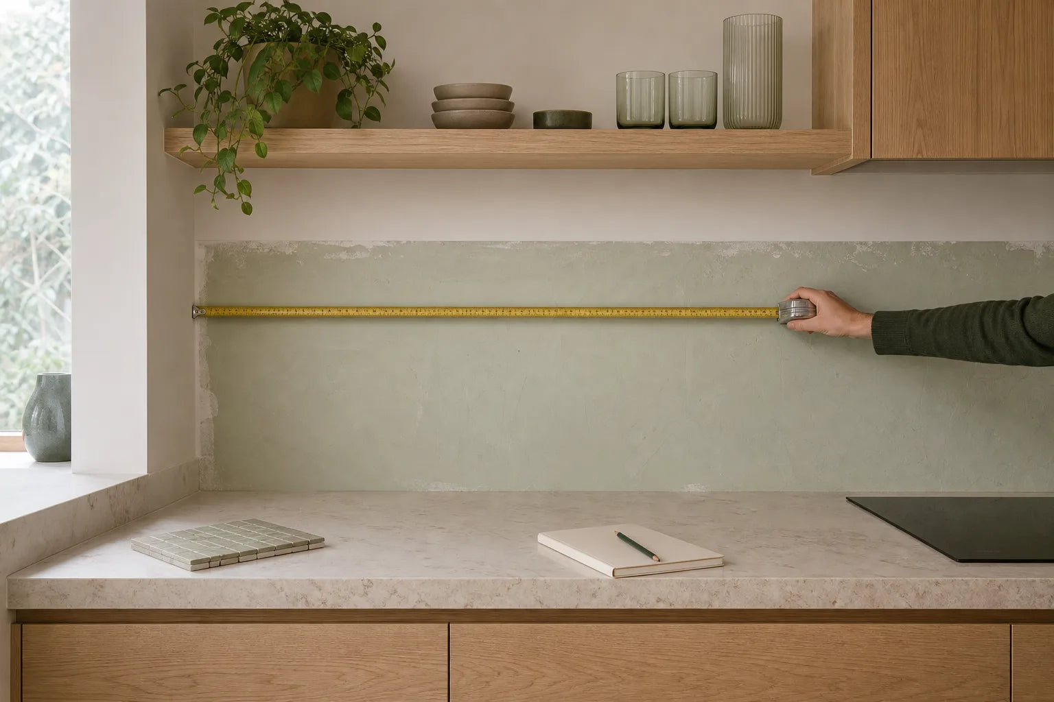 A kitchen splashback wall being measured before mosaic tile is selected