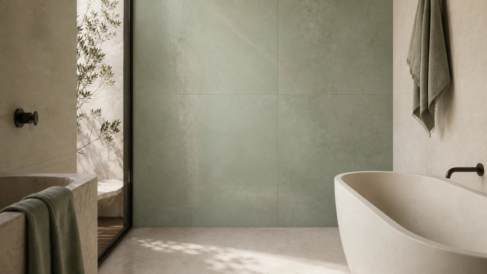 A bathroom wall of large sage-green tiles above a pale stone-look floor.
