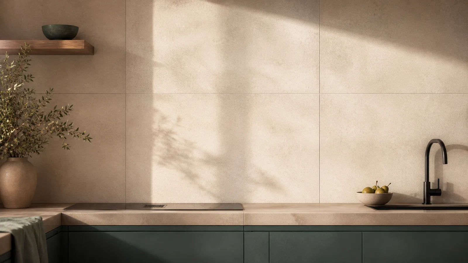 A kitchen wall of large pale stone-look tiles above a dark green cabinet run and stone benchtop.