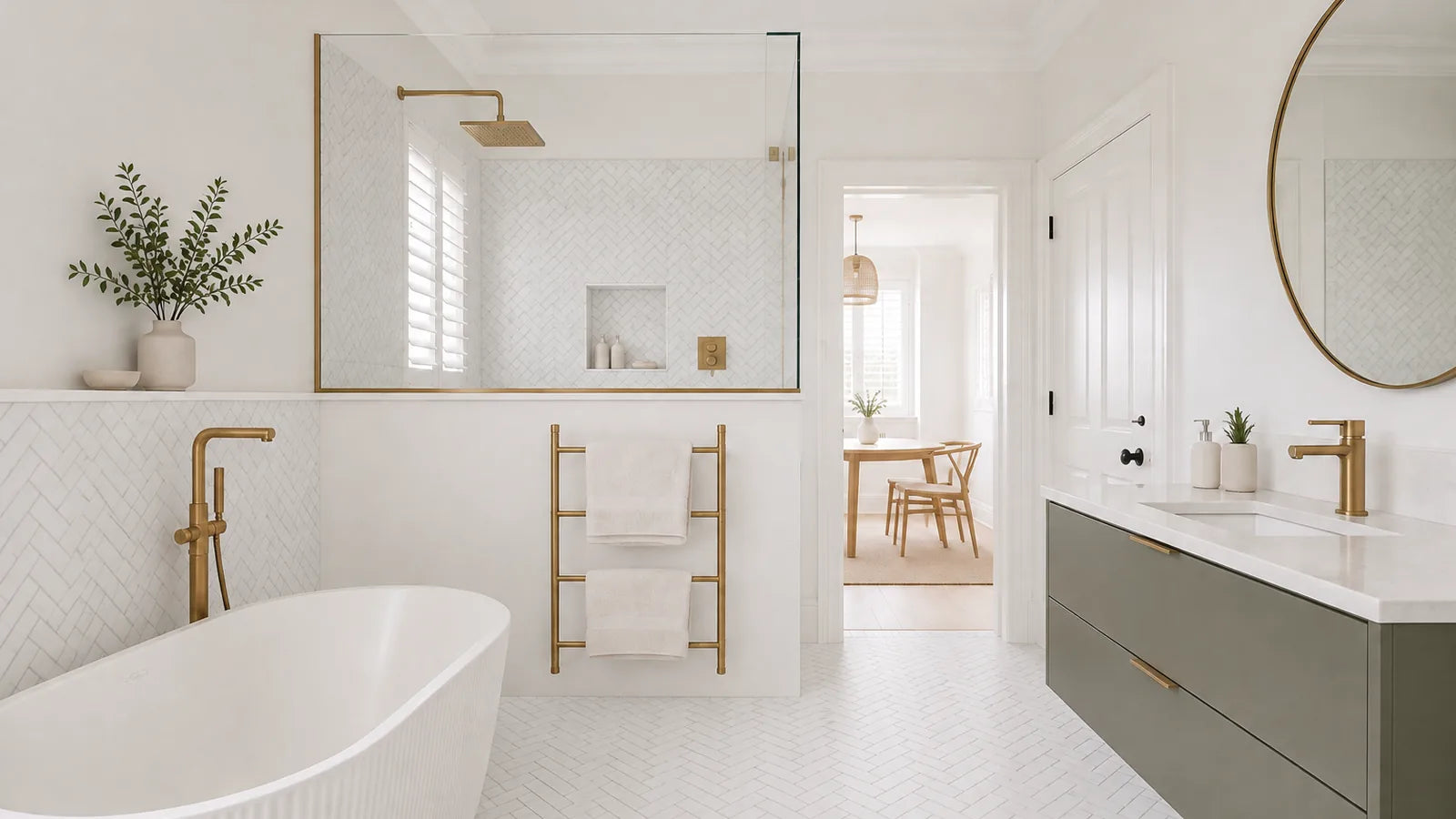 A white bathroom with herringbone tiles on the floor and in the shower, a freestanding bath and brass fittings.