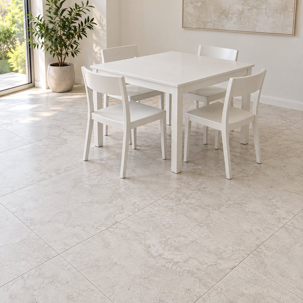 Dining area with a warm beige travertine-look tile floor, a white table and four chairs